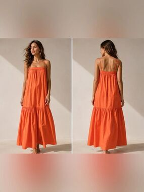 For Days Organic Cotton Poplin Maxi Sundress Orange Medium